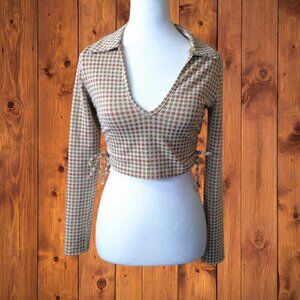 Ludovica Women's Small Long sleeve Houndstooth Ruched Side V-Neck Pullover Top